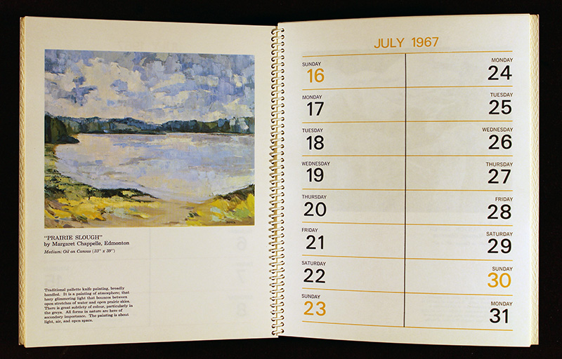 Colour photo. The Inside of the Centennial Memo Calendar. The left page features a landscape painting by Margaret Chappelle, called "Prairie Slough", with information about the painting in small text below it. The right page has blank space for taking notes for each day from July 16 to July 31, 1967.