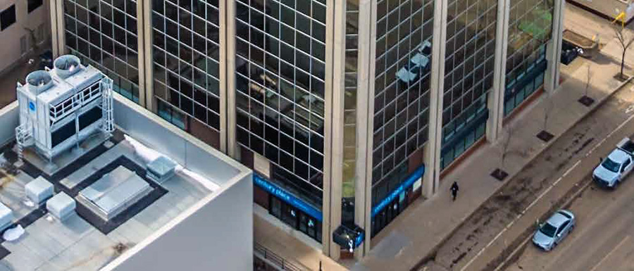 Aerial view of the lower part of Century Place office tower in Edmonton