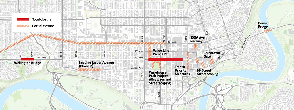 Map of City of Edmonton projects with road impacts in the downtown core