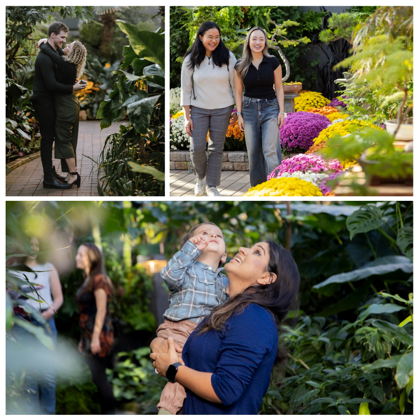 A compilation of 3 photos taken within Muttart's pyramids: two people embracing, two people looking at flowers, a parent and child exploring the pyramids.