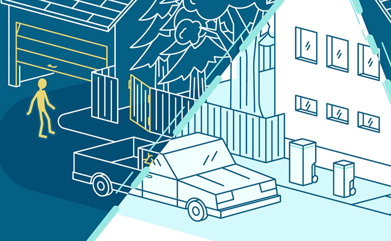 illustration of person walking in neighbourhood with houses and a parked car