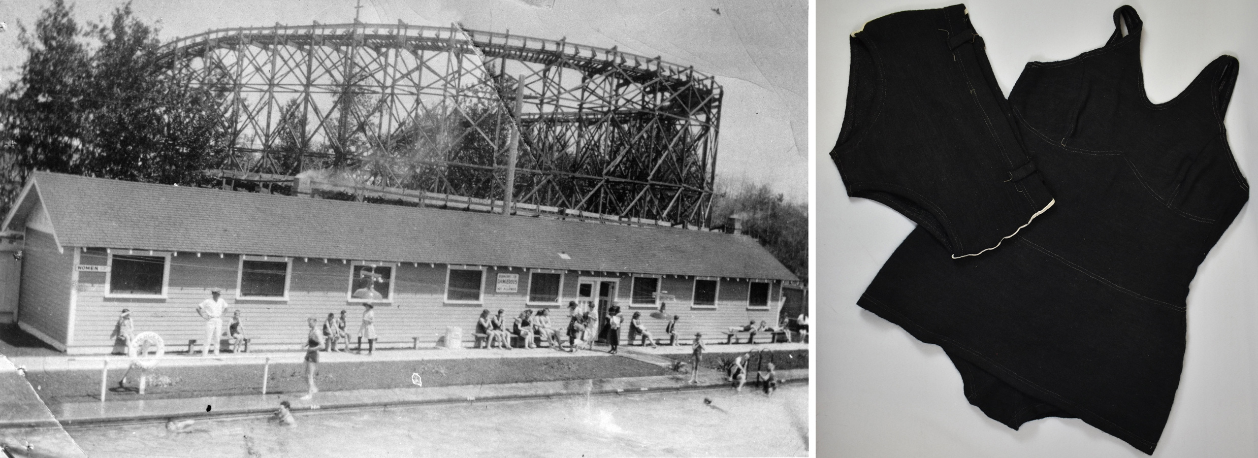 Left: Swimming Pool and Roller Coaster; Right: 1920s Black Wool Swimsuits