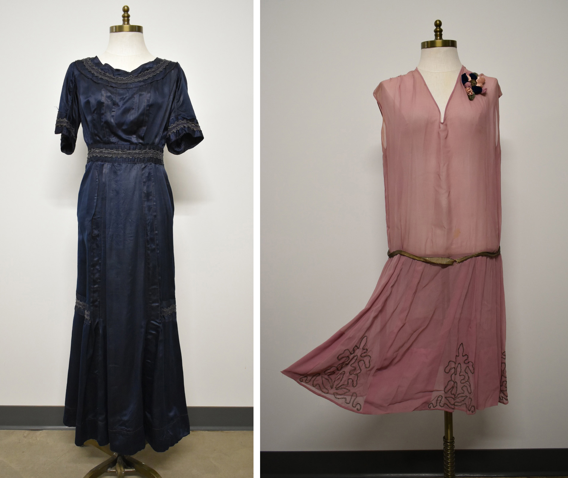 1910-20 Blue Silk Dress and 1920s pink silk chiffon dress