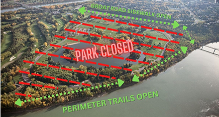 The river valley trail system will remain open around the perimeter during construction. Short-term detours may be necessary at times.