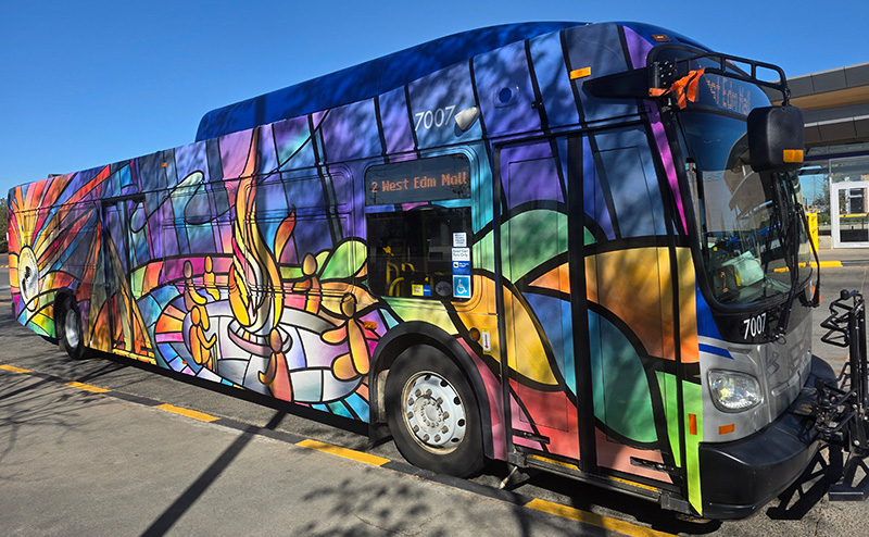 ETS bus featuring artwork wrap designed by indigenous seniors