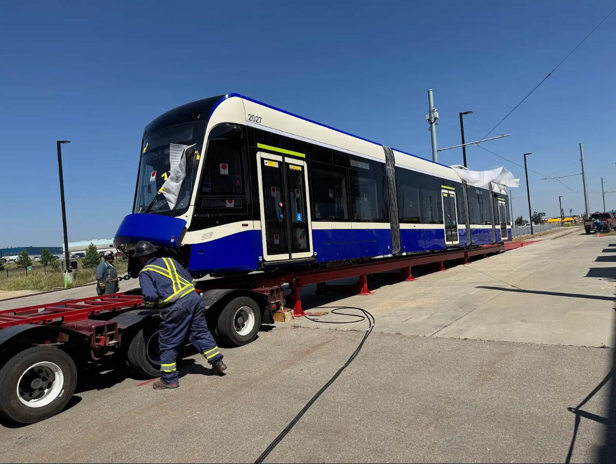 The first Valley Line West Light Rail Vehicle is now at the Gerry Wright Operations and Maintenance Facility