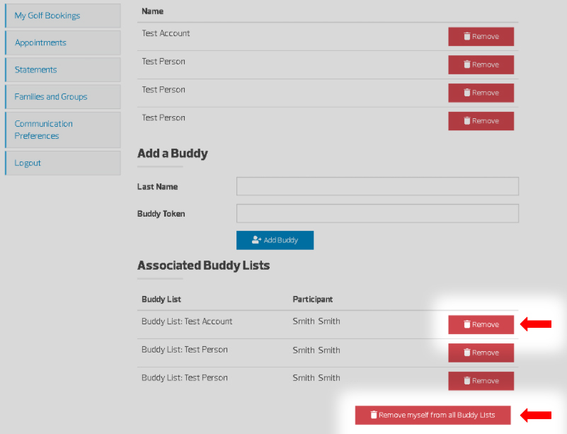 Screenshot of the Move Learn Play interface, with an arrow pointing to the "Remove" button on the Associated Buddy Lists menu, and another arrow pointing to the "Remove myself from all Buddy Lists" button in that same menu.