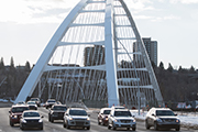 A photo of cars crossing the Walterdale bridge.