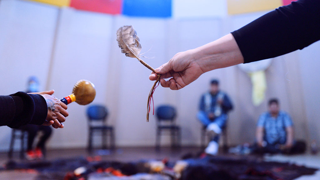 hand holding shaker and feather