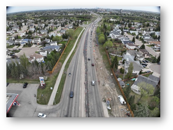 Aerial view of construction work along 111 Street