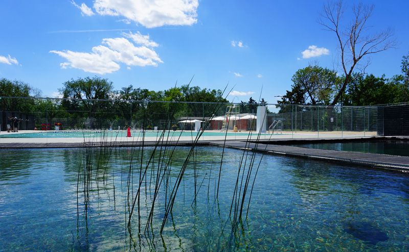 Borden Natural Swimming Pool on a summer day. The sky is blue with a few white clouds.