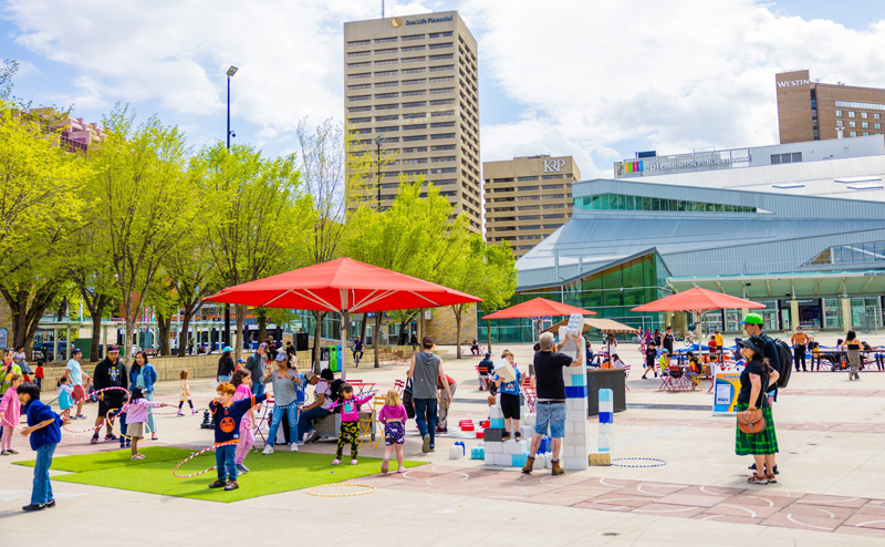 People gathered in Churchill Square