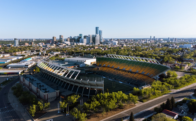 Aerial view of Commonwealth Stadium during the day.