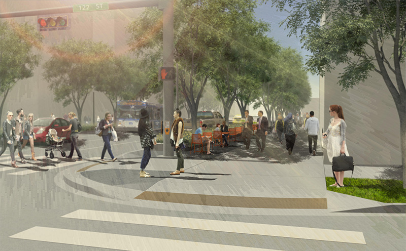 Jasper Avenue: Rendering of a curb extension with flexible space
