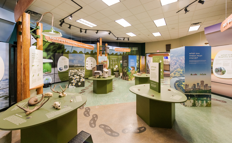 Various displays inside the Edmonton Urban Ecology area at JJNC.