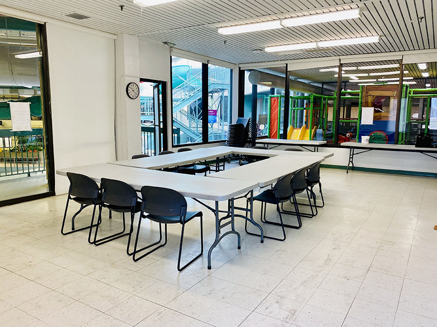 Mill Woods Recreation Centre Green Room has view of indoor playground 