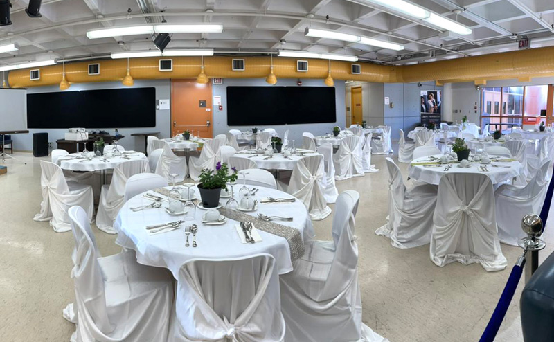 Tables at Nurture set up for an event.