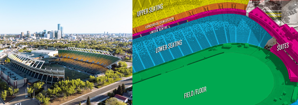 Aerial view of Commonwealth stadium on the left. Graphic of a seating chart on the right.
