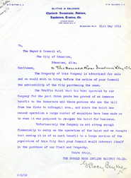 MS 209, File 143 Letter from G. Percy Blyth on behalf of the Donald Ross Incline Railway, offers to sell the railway to the City.