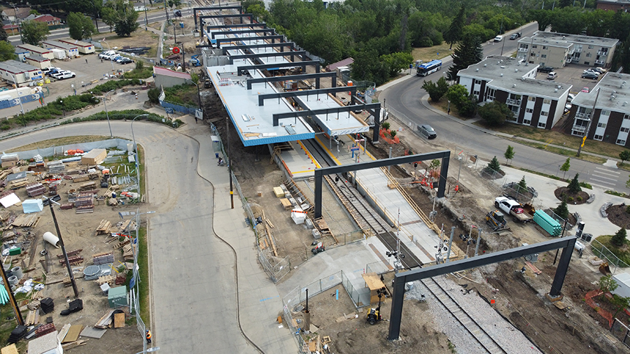 Overhead photo of construction on the new roof canopy