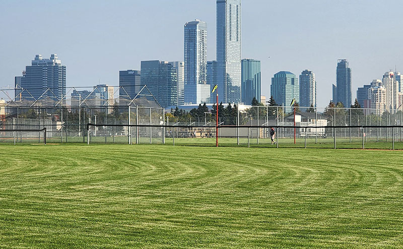 large sports field with city skyline in background