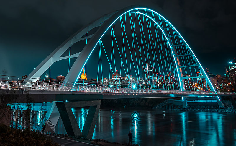Walterdale Bridge lit up at night