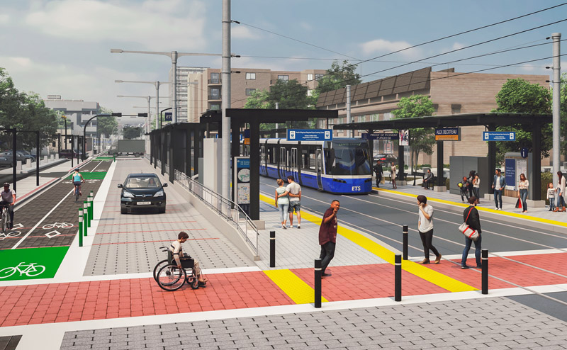 drawing of people walking across crosswalk with train nearby