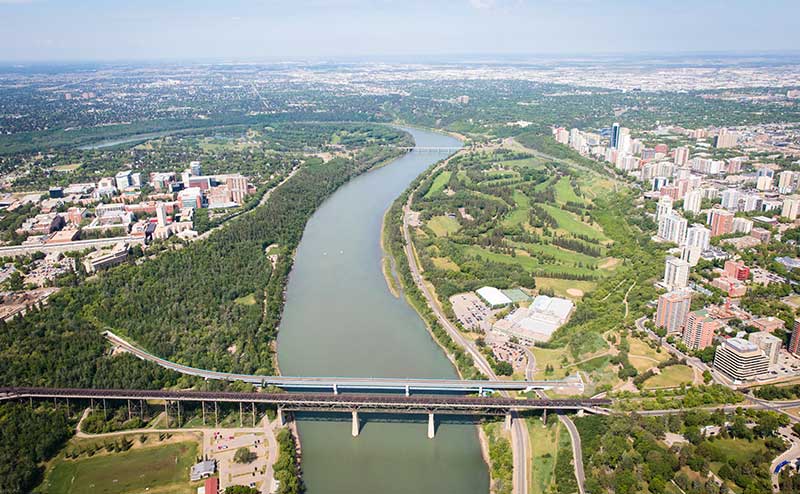 Aerial photo of the Edmonton river valley.