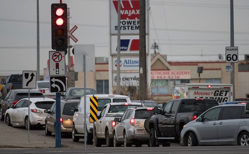 Vehicles in heavy traffic.