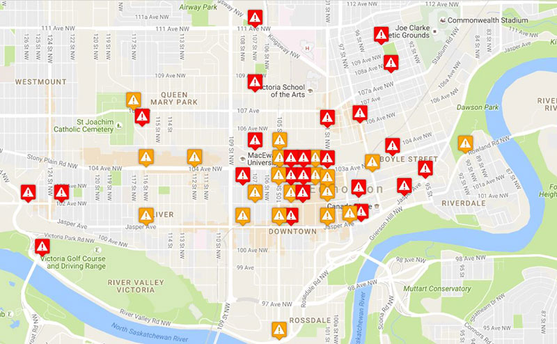 Image of a traffic disruptions map with pins on it.