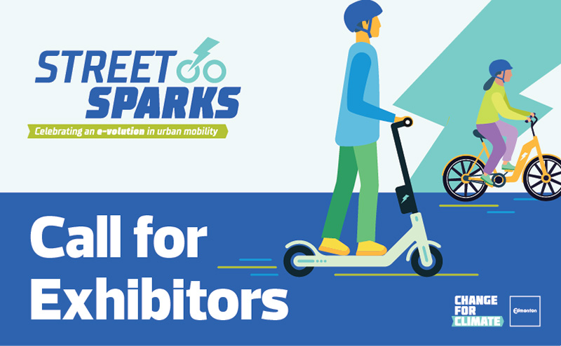 Street Sparks call for exhibitors cartoon image of riders of e-bikes and e-scooters