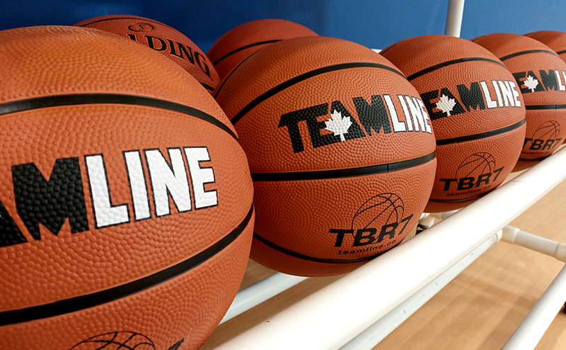 Photo of basketballs on a rack.
