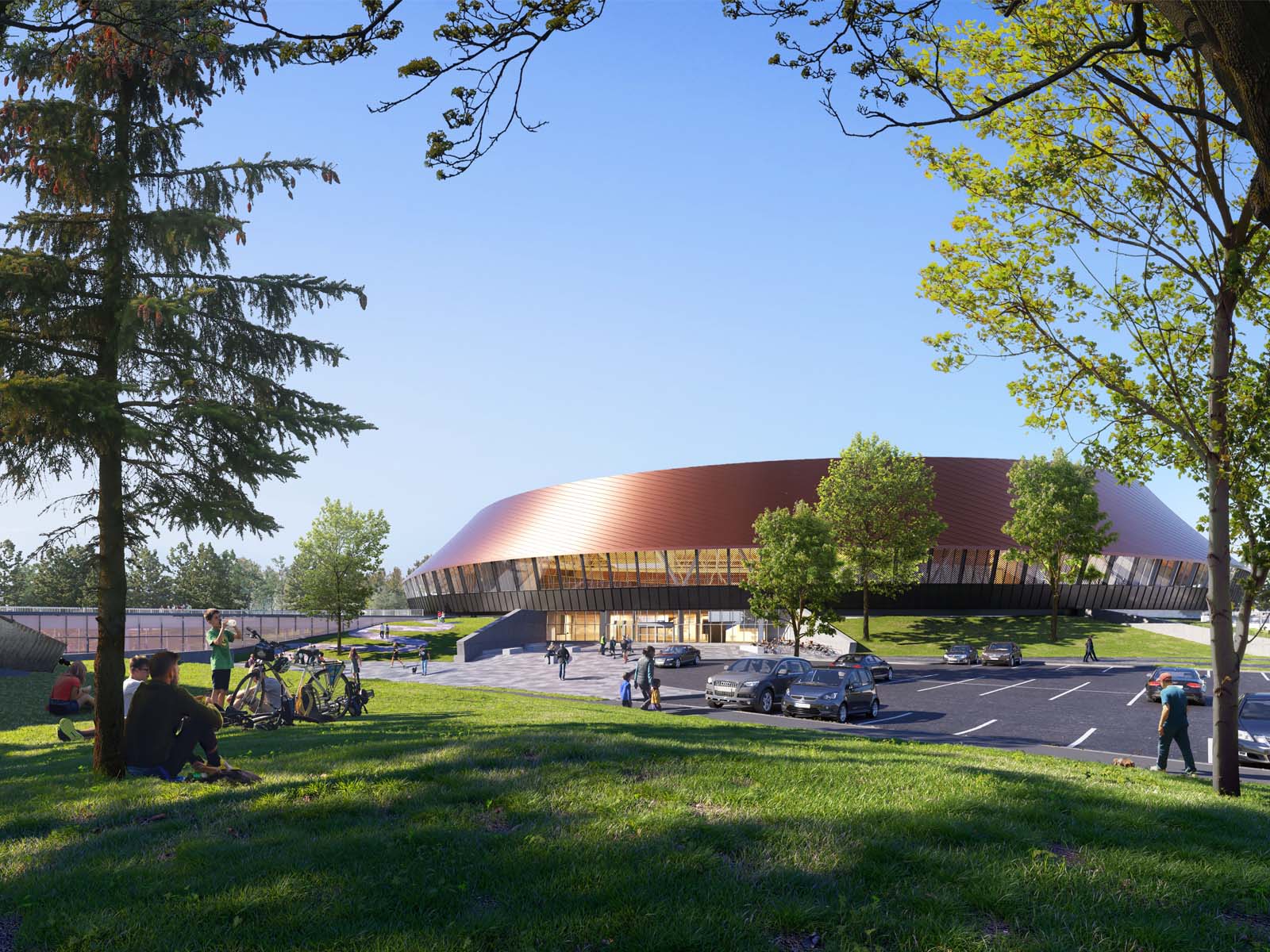 drawing of velodrome from the outside with people in park outside