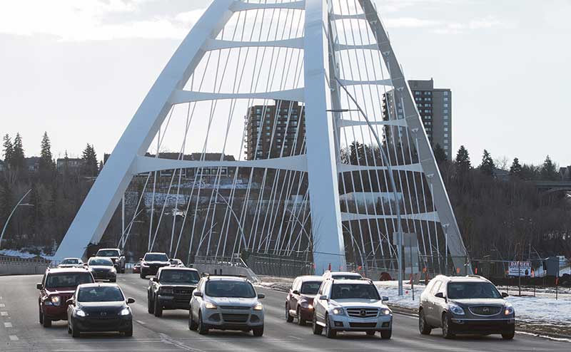 Traffic crossing Walterdale Bridge