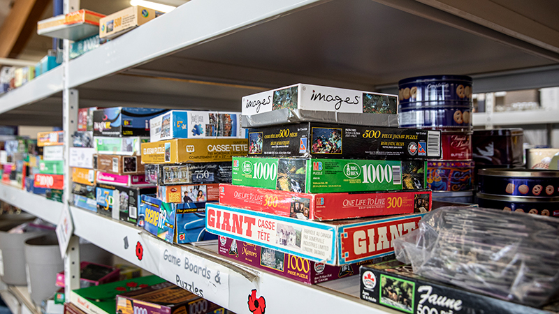 puzzles on shelf
