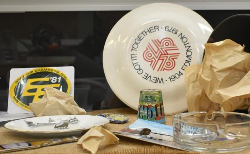 Souvenirs in a display case.