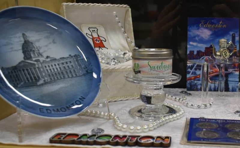 Souvenirs in a display case.