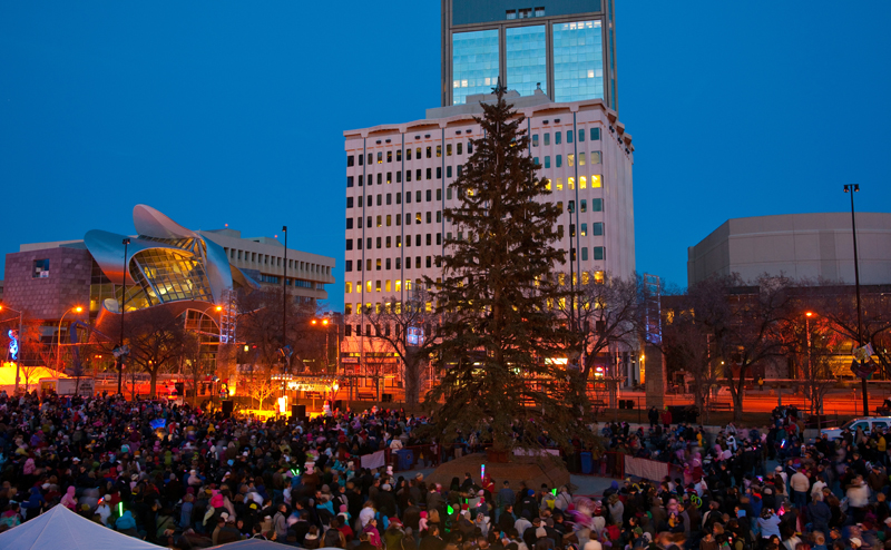 A crowd of people at a winter event.