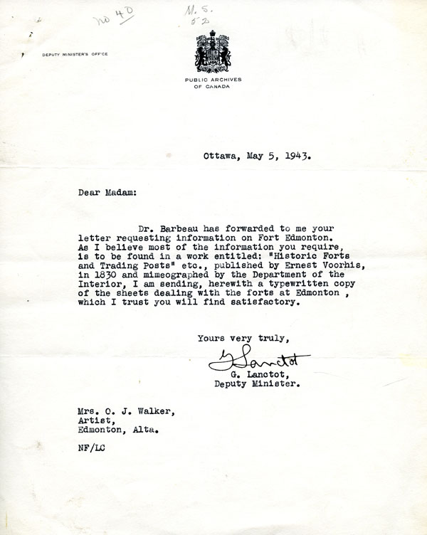 Public Archives of Canada letter 1943