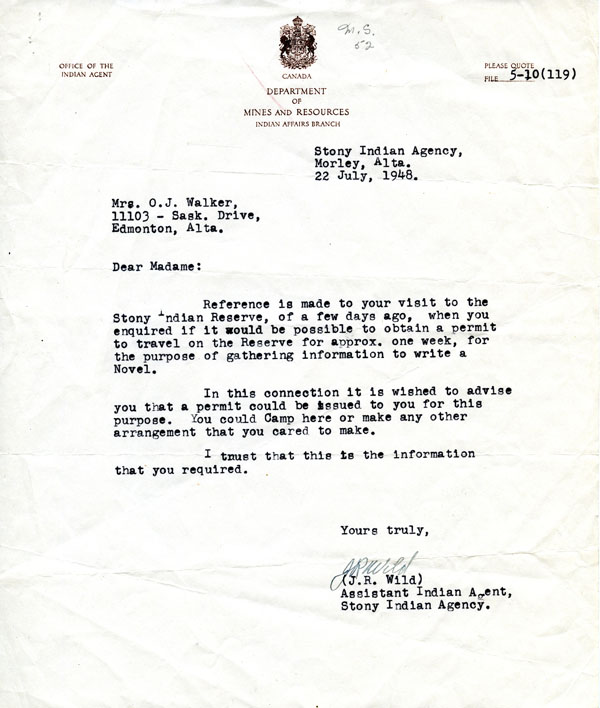 Department of Mines and Resources - Indian Affairs Branch letter 1948