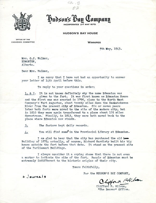 Hudson's Bay letter 1943