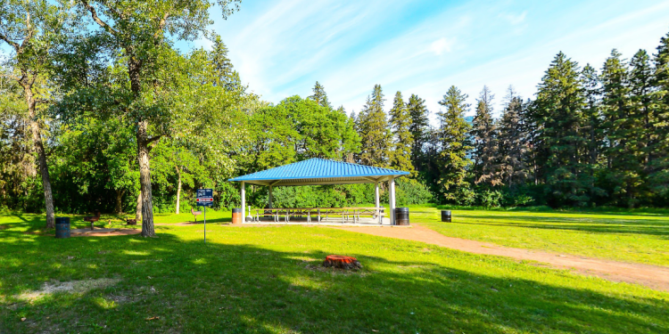 picnic tables and seats in downtown park