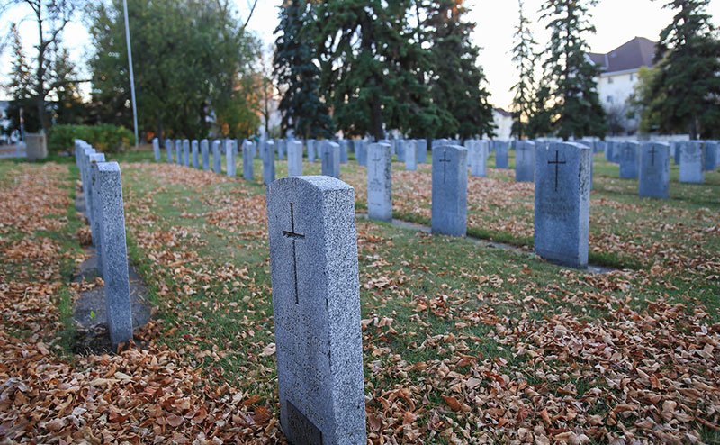headstones with crosses in cemetery
