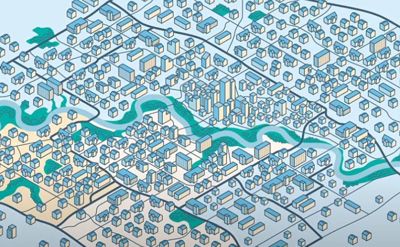 Graphical image of city planning and buildings
