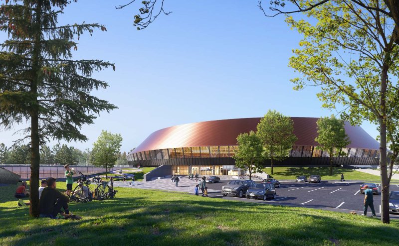 drawing of velodrome from the outside with people in park outside