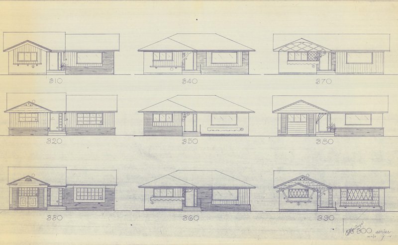 Drawings of 9 different house fronts.