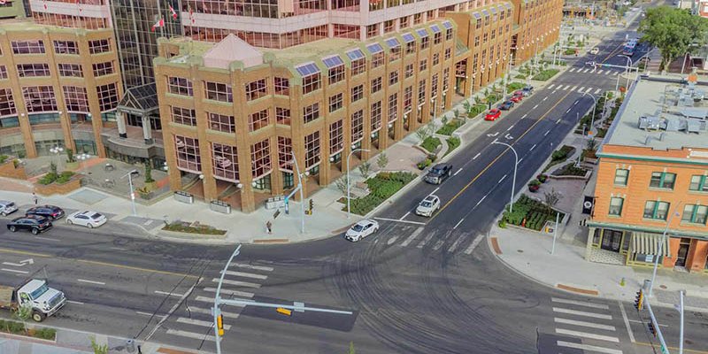 Aerial view of the streetscape along 97 Street