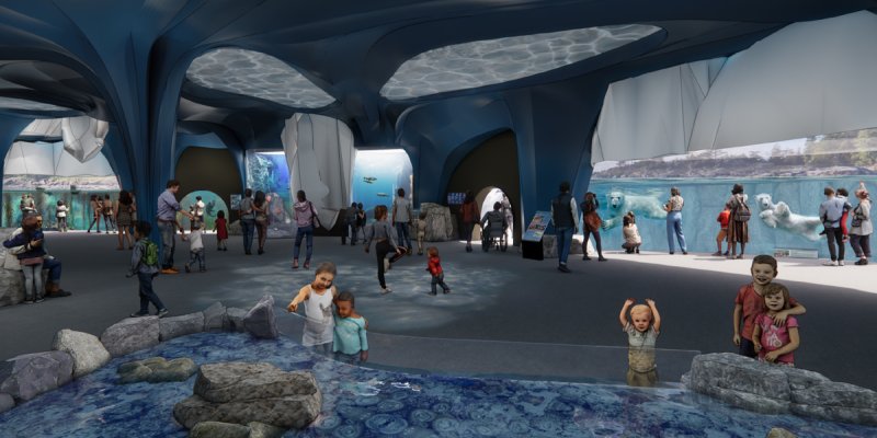 Render: Coastal Arctic Zone; Arctic Gallery, polar bear and sea otter habitats.