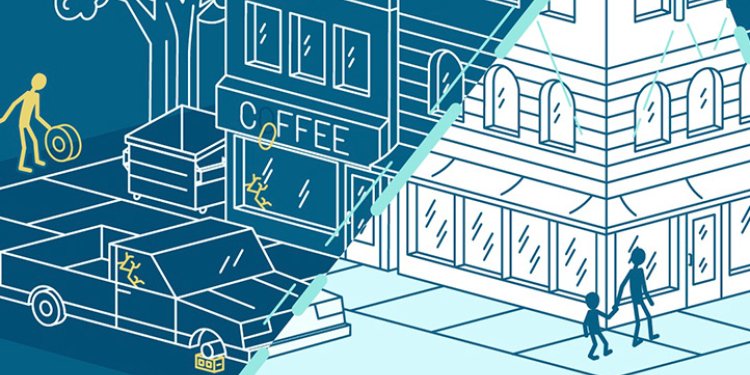 illustration of person walking on sidewalk rolling a tire outside a coffee shop