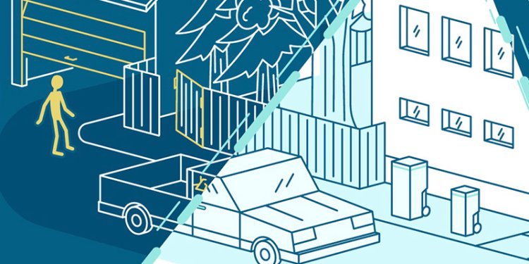 illustration of person walking in neighbourhood with houses and a parked car